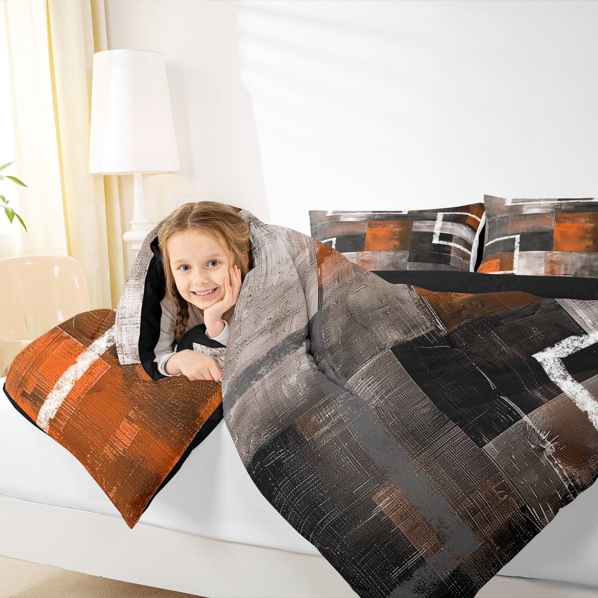 Erosebridal Burnt Orange Comforter Abstract Oil Painting Queen Size Bedding Set Modern Geometric Watercolor Patchwork Comforter Set for Teen Adults,Abstract Graffiti Art Quilt - Image 3