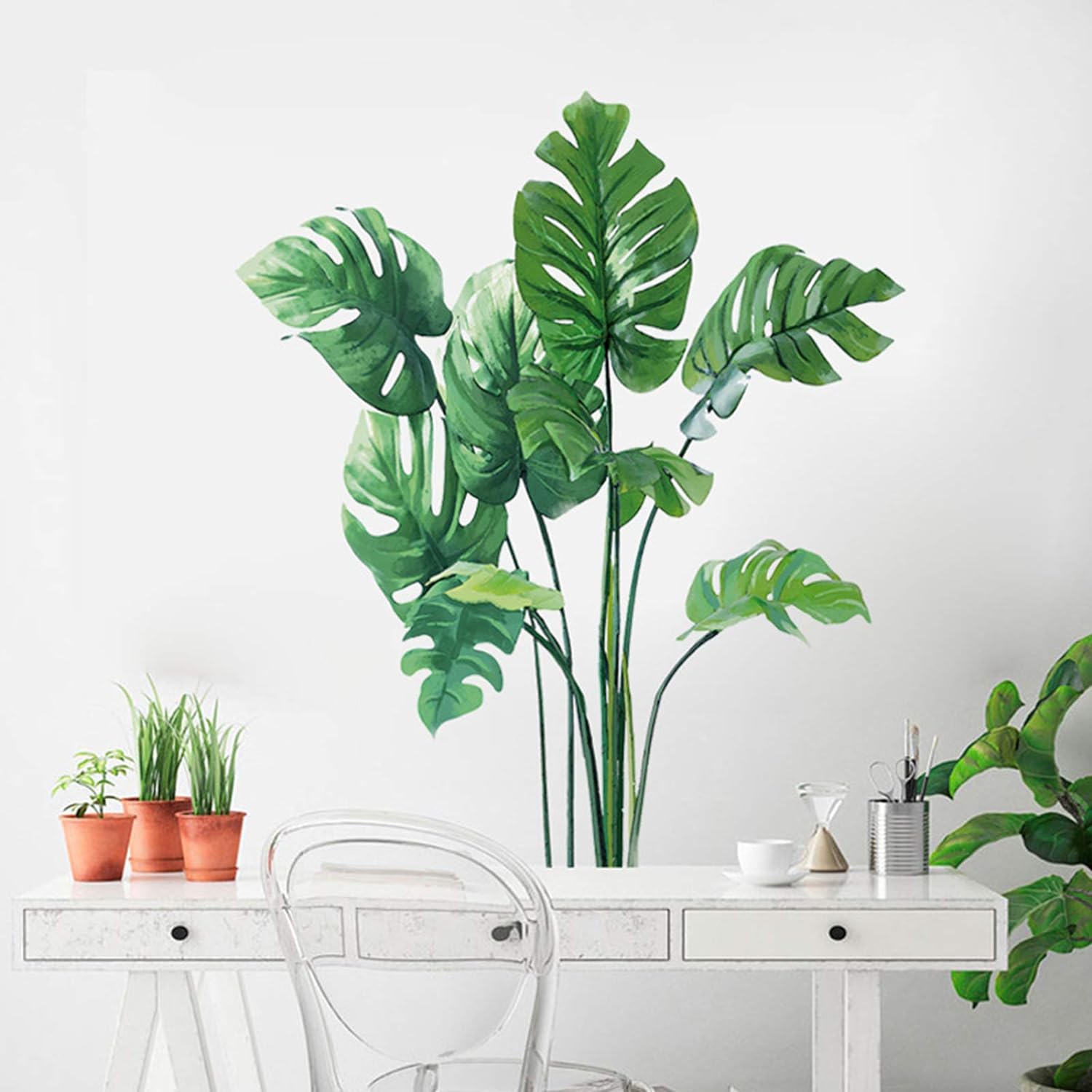 Leaf Wall Decals Monstera Tropical Plants Wall Stickers for Living Room, Palm Wall Posters Natural Green Plants Art Murals Vinyl Wallpaper for Bedroom Nursery Office