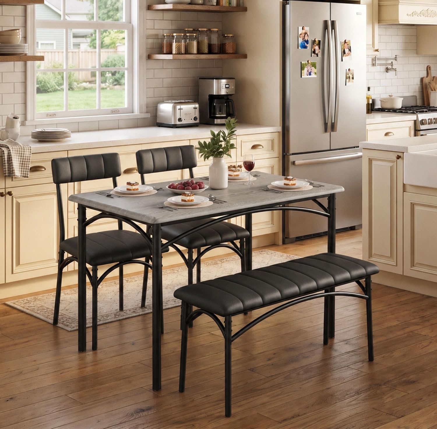 Garvee Dining Table Set for 4, Wood Kitchen Table with 2 Upholstered Chairs and Bench, Rectangular Dining Table and Chairs Set for Small Space, Apartment, Dinner, Gray | Rectangular Dining Table and Chairs Set for Small Space, Apartment, Dinner, Gray