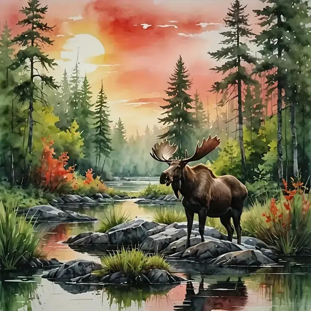 Anuver Diamond Art Kits for Adult Moose, Diamond Painting Kits for Adults Beginners, 5D DIY Full Drill Round Diamond Gem Art Craft Painting Home Wall Decor, 12x12 Inch