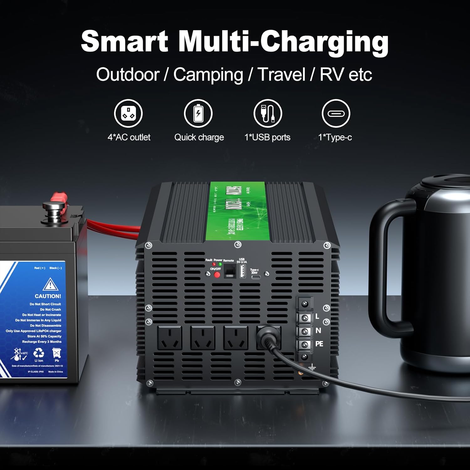 5600W Power Inverter 12V DC to 110/120V AC Converter, 11200W Peak, LCD Display, Remote Control, 4 AC Outlets, 30W Type-C Port, 3.1A USB Port for RV Truck Solar System, Emergency Power, Off-Grid Use