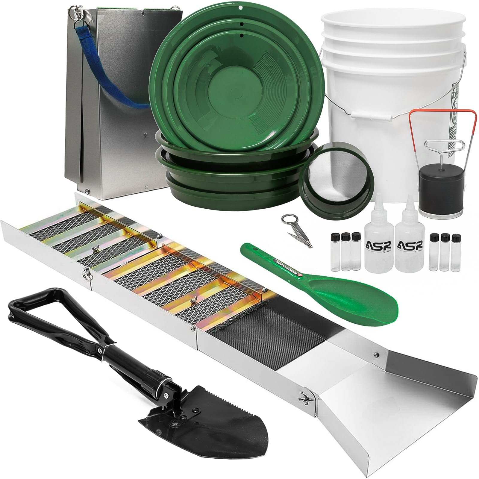 ASR Outdoor 20pc Complete Gold Panning Kit with 50 Inch Folding Sluice Box and 5 Gallon Bucket, Green