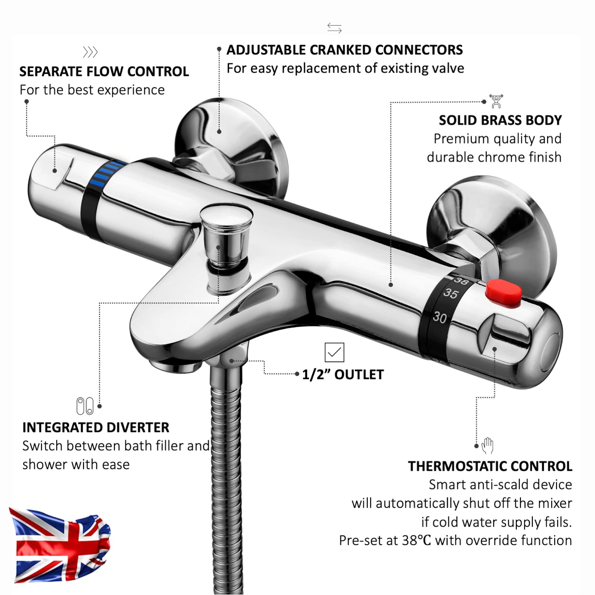ENKI, BBT0171, grifo termost�tico para llenar ba�eras con salida para ducha cromado alto LUNA | Latón macizo, fácil instalación, accesorios incluidos, baño moderno, cuerpo de latón