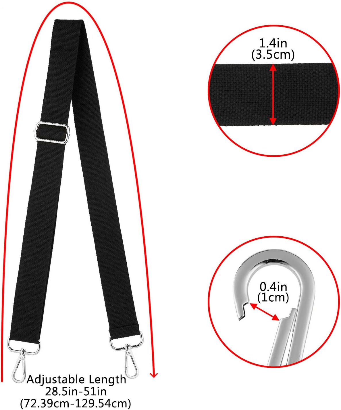 Wide Shoulder Bags Strap,Adjustable Replacement Belt Bag Strap with Silver Swivel Hooks Soft Canvas Purse Straps Messenger Bag Changeable Long Strap For Crossbody Handbag(Silver-Black) - Image 5