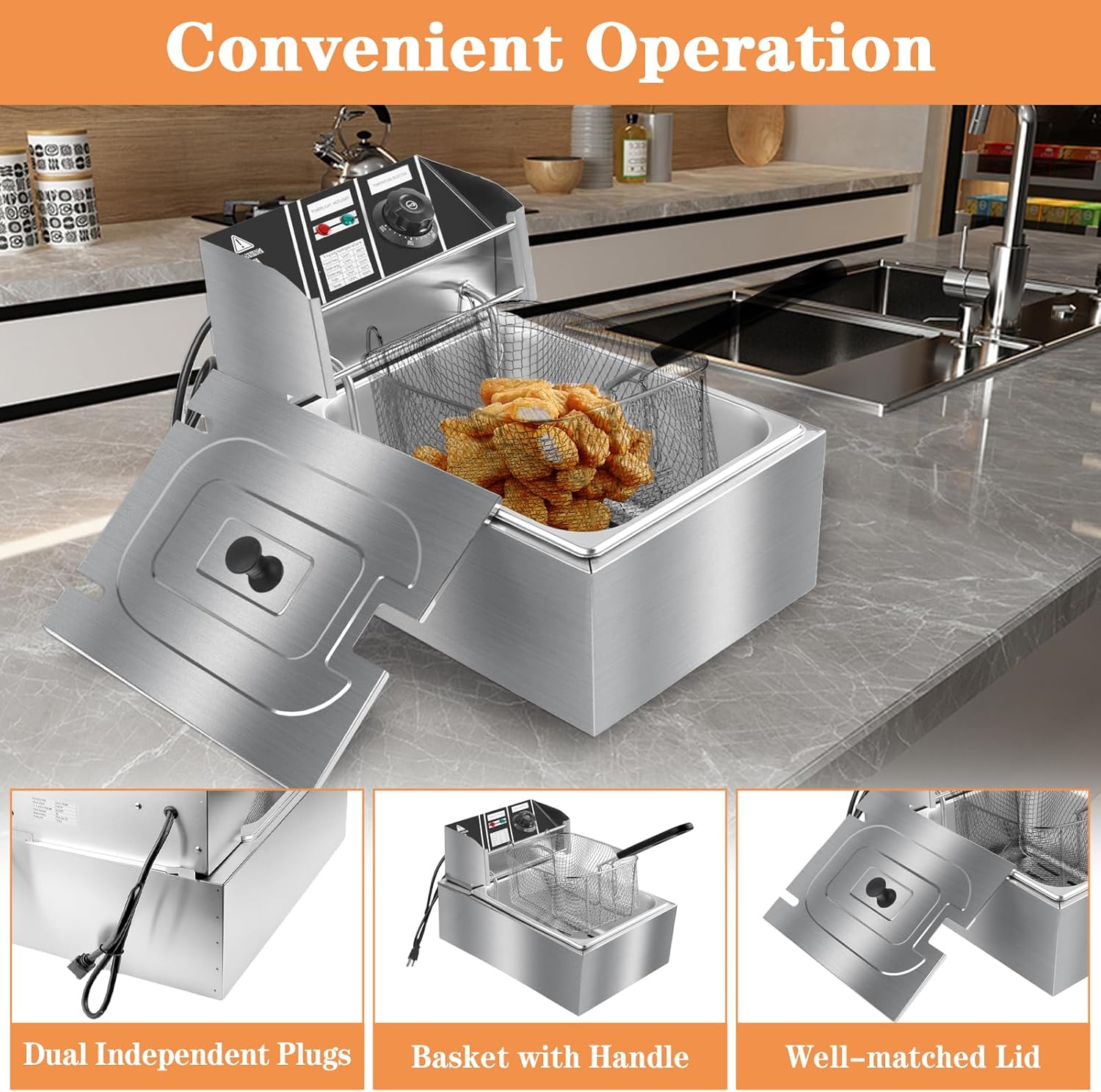 10QT Electric Deep Fryer 304 Stainless Steel Single Tank Commercial Fryer with Basket, 2500W 110V Countertop Deep Fryer for Home and Restaurant Use with Lid & Temperature Control