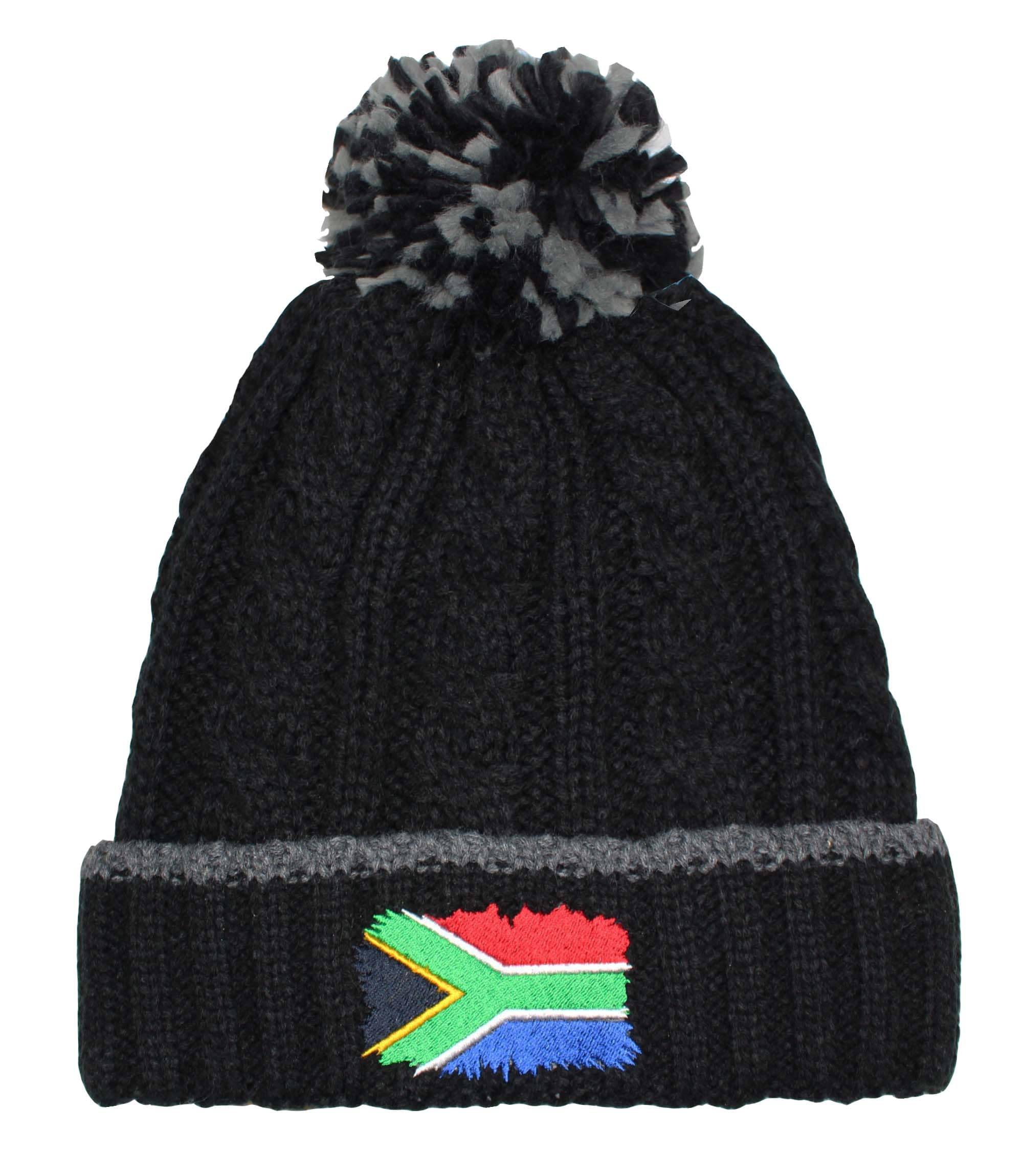 Teddyt's Men's Black South Africa Flag Embroidered & Grey Fleece Lined Cable Bobble Hat