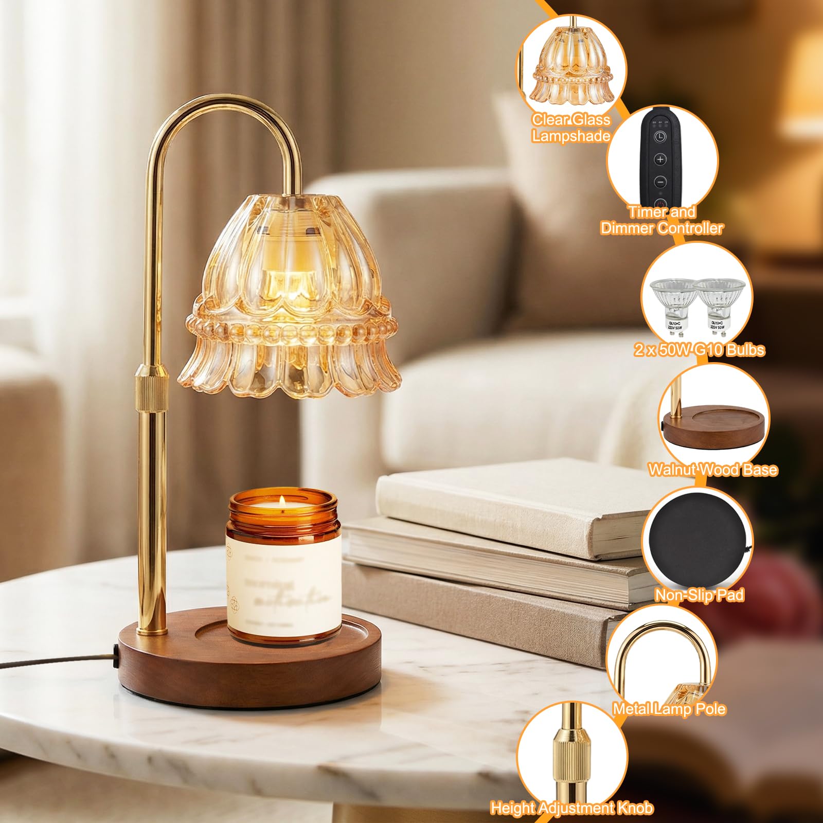 Lámpara Calentadora de Velas, Lámpara Calienta Velas con Temporizador y Atenuador, Candle Warmer Lamp Eléctrico con 2 Bombillas, Vela Lampara Perfumada Altura Ajustable para Hogar Decoración