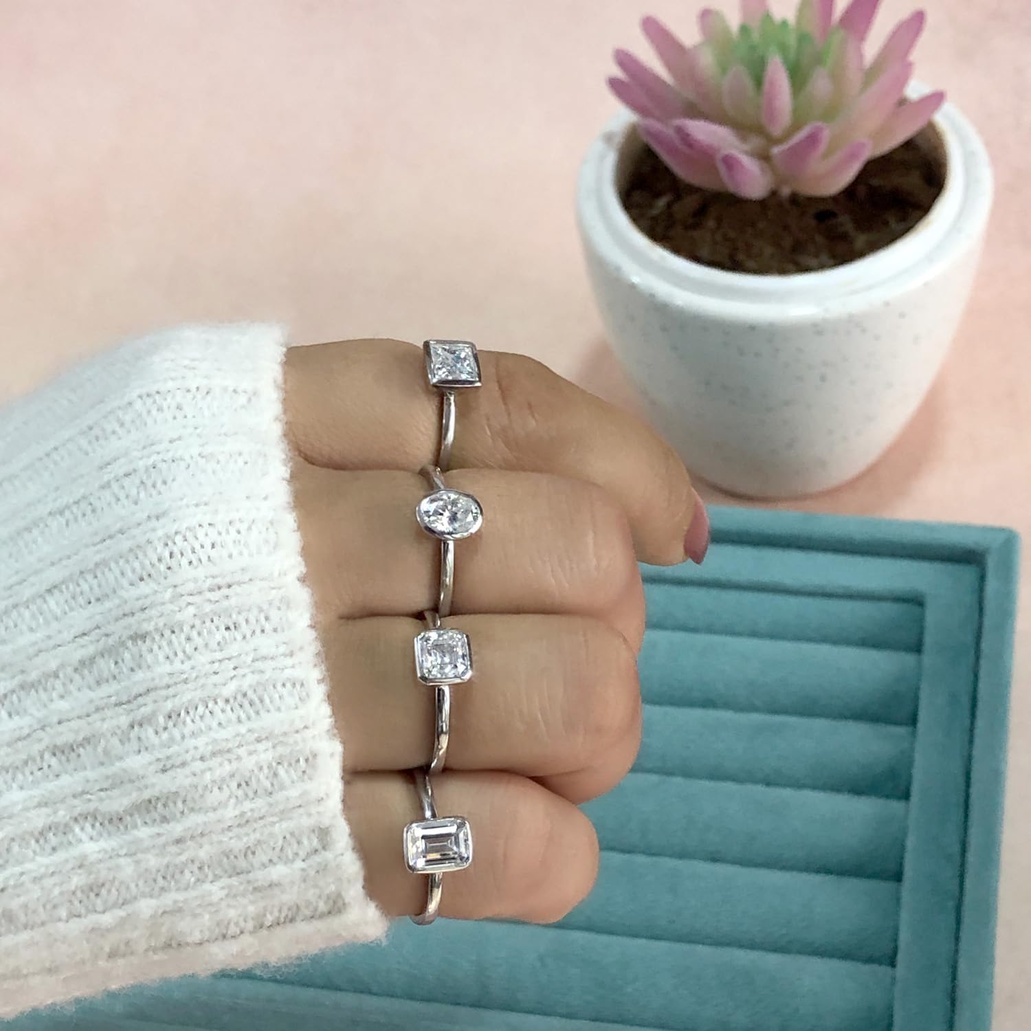 Solitaire Engagement Ring for Women Multi Shape Lab Created Moissanite Bezel Set Wedding Band Promise Ring in 14K Gold Over 925 Sterling Silver Jewelry