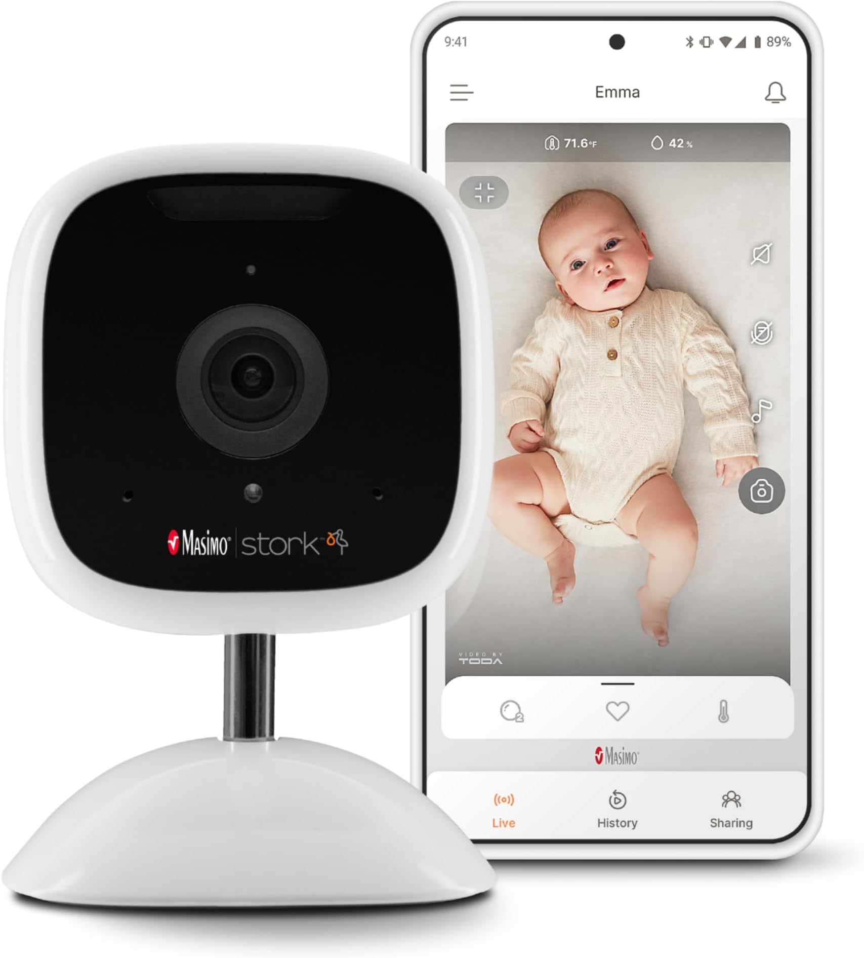 Masimo Baby Monitor Camera, White - QHD-Hires 24hr Video Camera, Zoom in/Out, 2-Way Audio, Room Condition Alerts, Remote App Streaming (Discontinued)