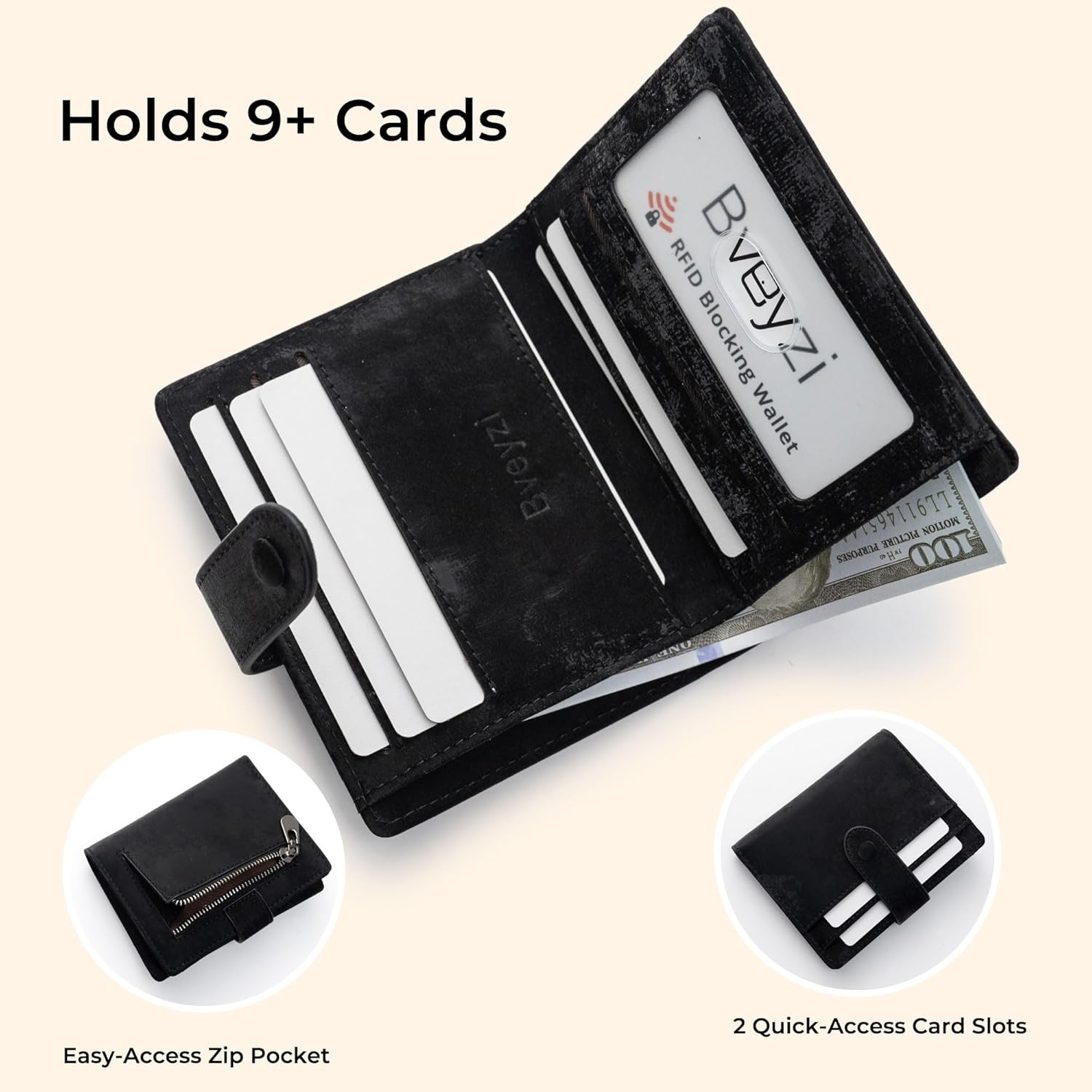 Bveyzi Slim Credit Card Holder Wallet for Women, RFID Blocking Lightweight Bifold with Zipper Pocket(Black)