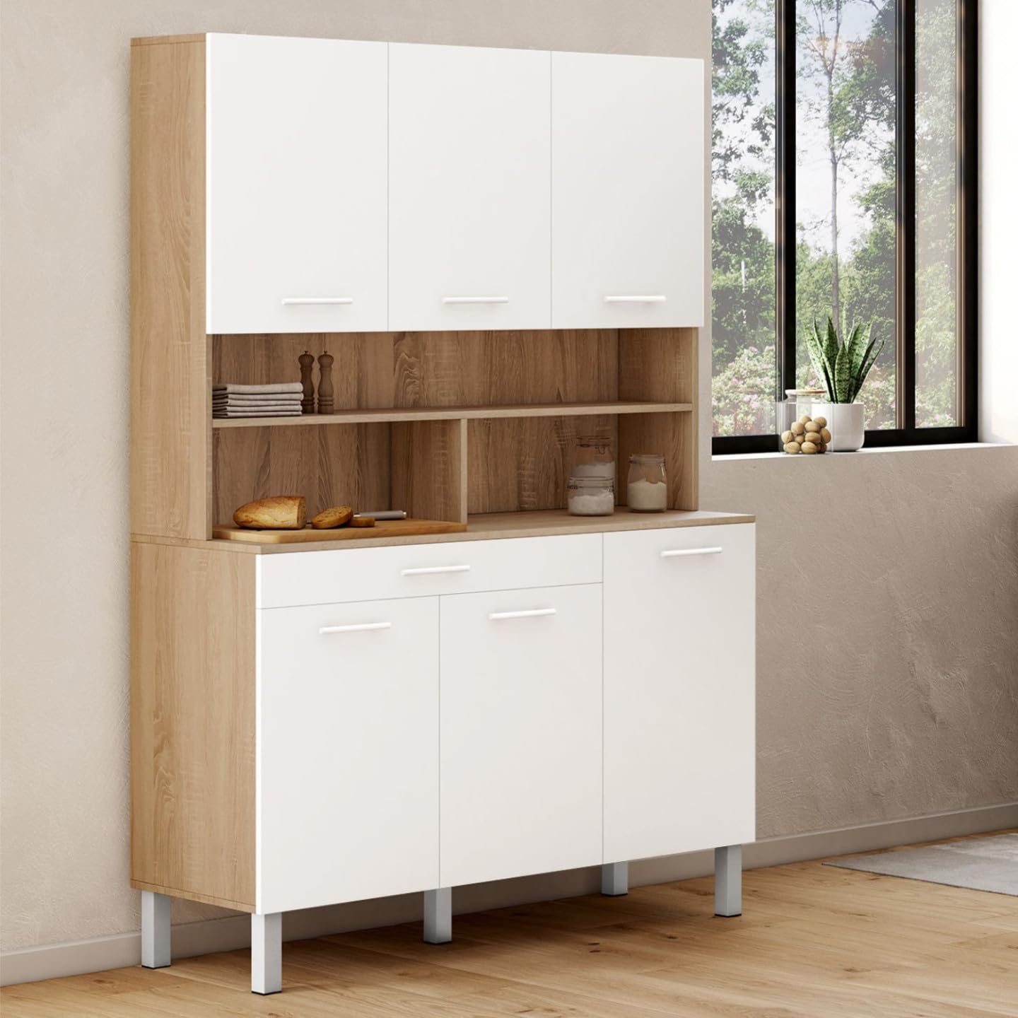 IDMarket - Buffet de Cuisine CINA 120 cm façon hêtre et Blanc