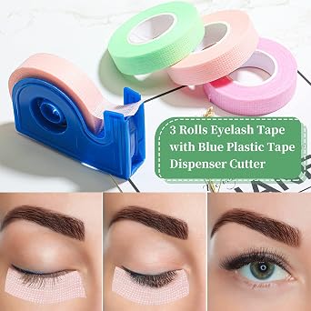 Maitys 3 Rolls Eyelash Tape for Lash Extensions with Dispenser Cutter Breathable Fabric PE Tape Under Eye for Sensitive Skin Eyelash Extensions Supplies(Green,Pink,Purple,0.47)