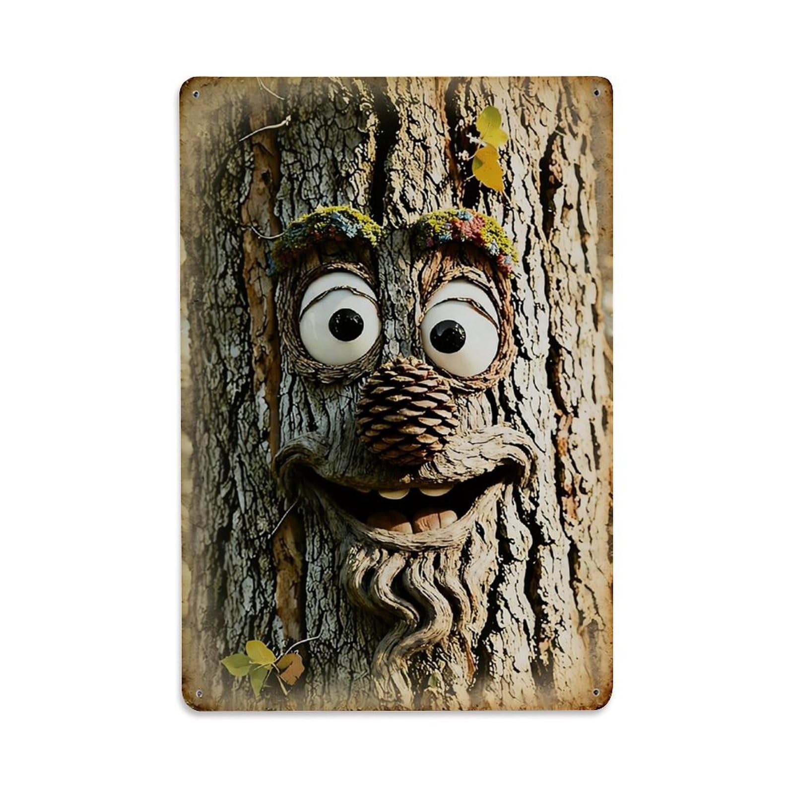 Jdfenggu Vintage Tree Face With Eyes And Pinecone Nose Retro Metal Tin Sign, Decor Art Poster For Bar, Home, Man Cave, Kitchen, Laundry Room Gift 8X12inch