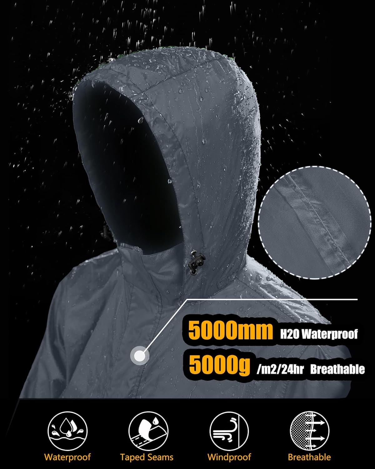 33,000ft Men's Pullover Rain Jacket Waterproof with Hood Lightweight Packable Raincoat Windbreaker for Golf Travel - Image 2