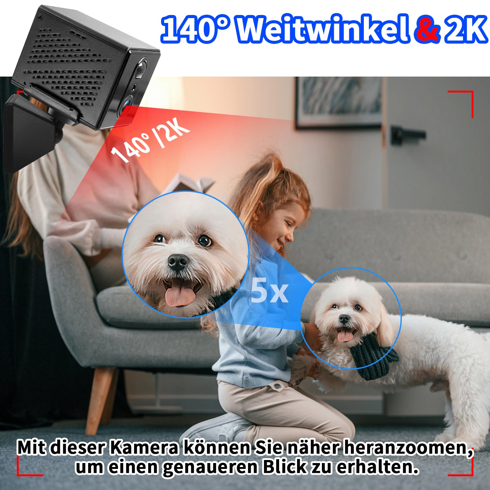 Mini Kamera 2K WLAN 140° Weitwinkel, Nachtsicht & PIR-Bewegungserkennung | 8h Akku, Zwei-Wege-Sprache, 2300mAh, WiFi- & DV-Modus, 20 Tage Standby