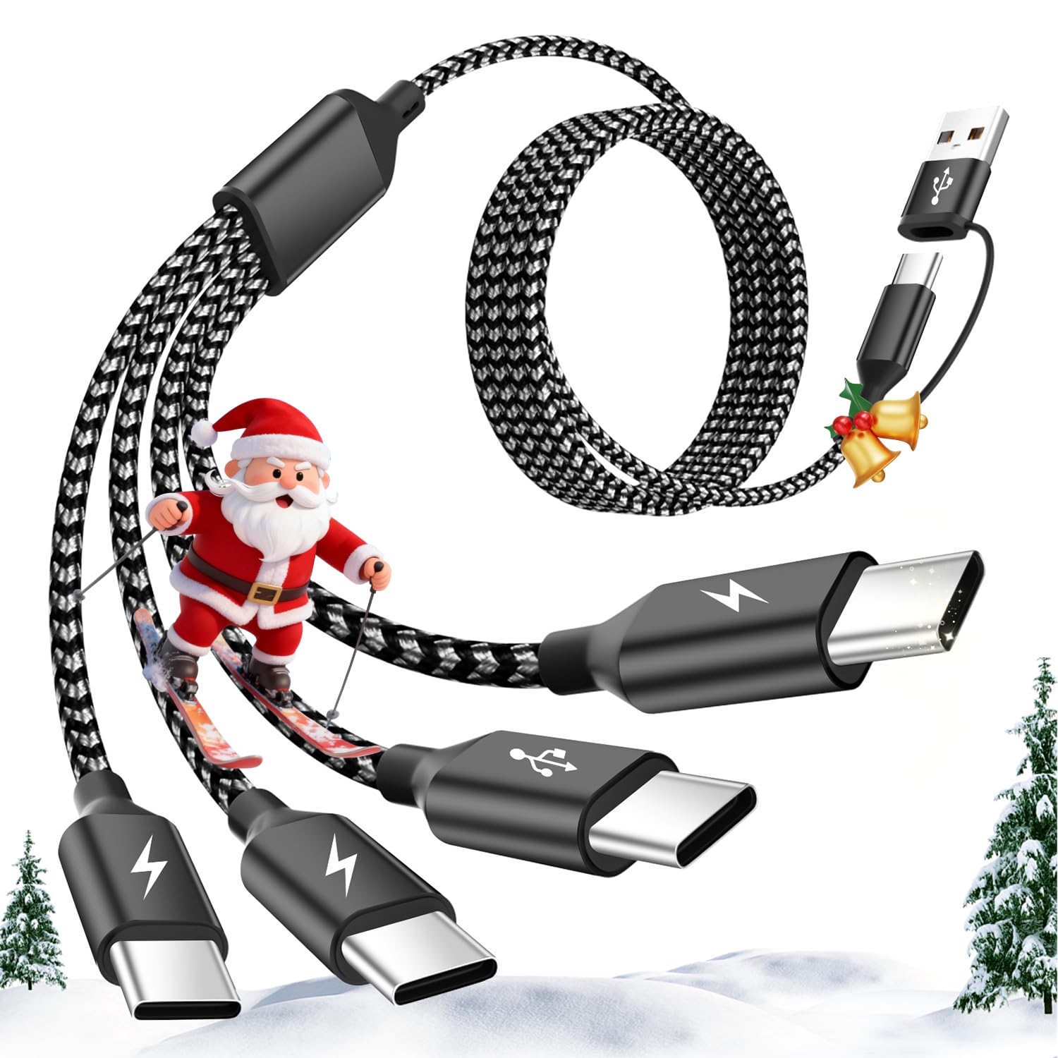 Cavo di ricarica multi splitter USB C, 1 confezione, cavo di ricarica USB A/C a USB C, cavo di ricarica doppio tipo C, cavo di ricarica multi 4 in 2 con 4 connettori di tipo C compatibile con iPhone