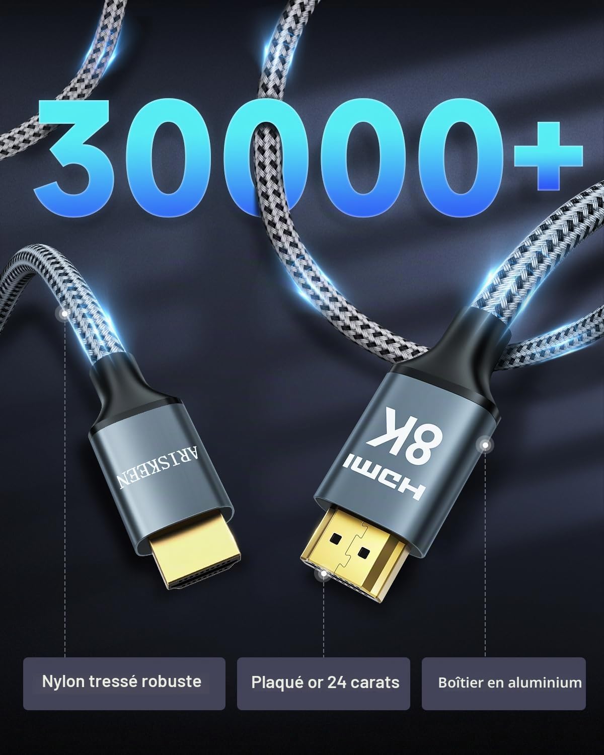 ARISKEEN Câble HDMI 2.1 8K 10M, 48Gbps Câble HDMI Tressé en Nylon Haute Vitesse, Prend en Charge 8K@60HZ, 4K@120Hz, Compatible avec PS5/4 TV Switch Monitor Blu-ray Soundbar