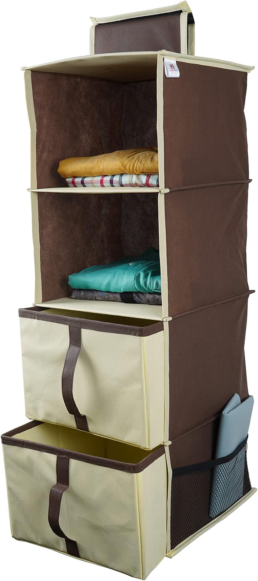 2021 Heavyduty 4 Shelf Hanging Closet Organizer for Wardrobe Storage Clothes Handbag Shoes Accessories with Drawers & Net Pockets | Collapsible & Breathable Fabric (Brown)