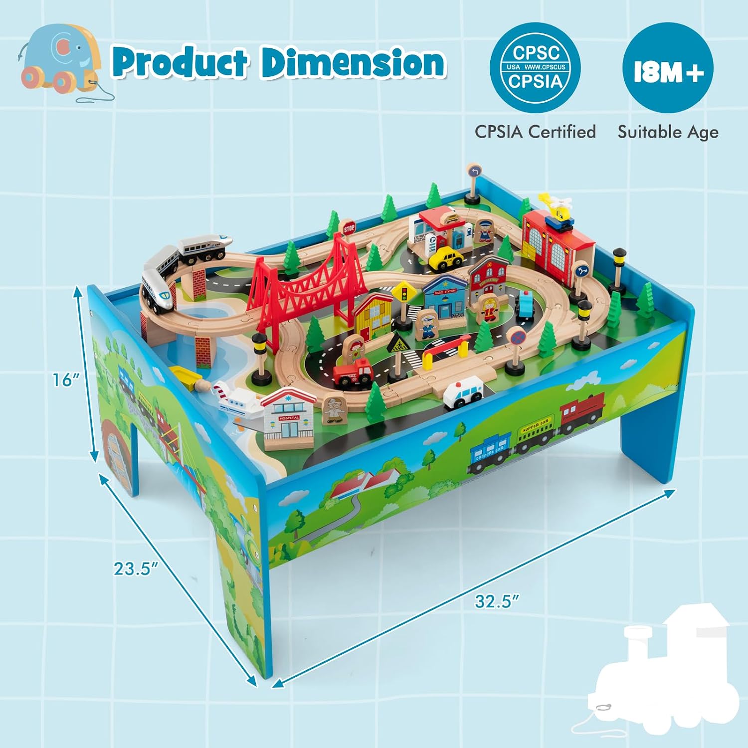 KOTEK Train Table, 80-Piece Wooden Toy Activity Playset w/Reversible Top, Tracks, Vehicles, Bridge, Tunnel, Buildings, City Themed Train Set Table for Toddlers, Gift for Boys Girls