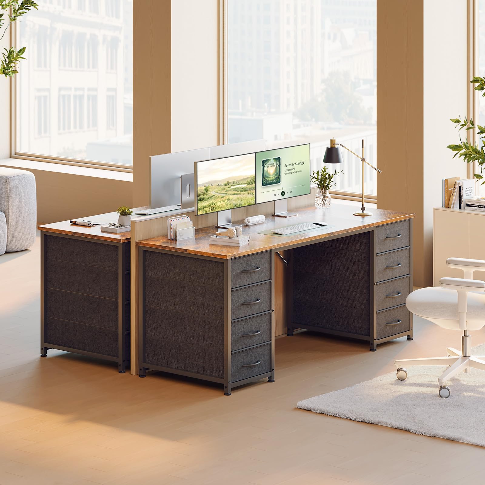 Coleshome Scrivania con 8 Cassetti in Tessuto, 140x48cm Scrivania per Computer, Scrivania Salvaspazio Tavolo Ufficio per Studio, Camera da Letto, Marrone