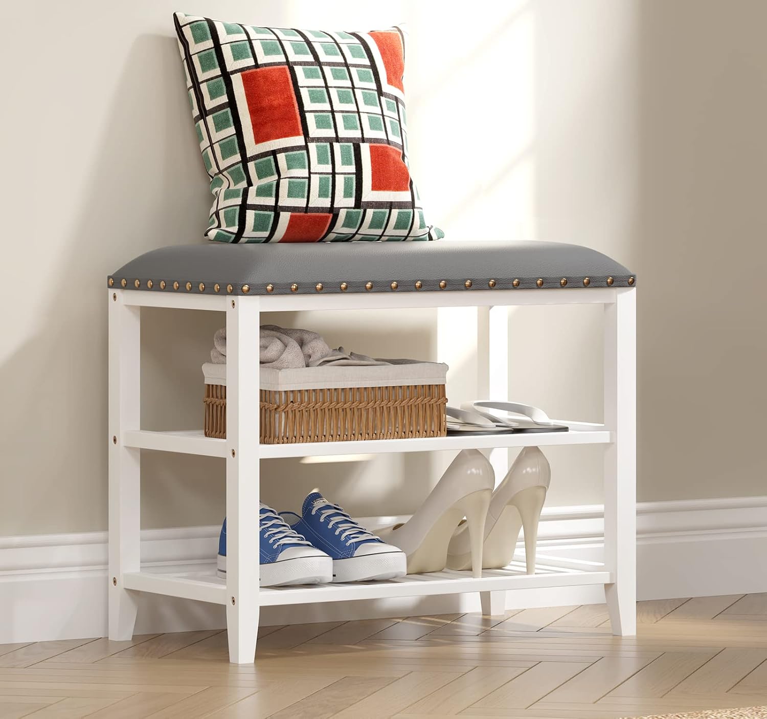 SEIRIONE Shoe Bench with Storage, Solid Bamboo Shoe Rack Bench, Shoe Storage Bench with Leather Cushion, 3 Tier Shoe Bench Entryway with Storage, Holds Up to 380 lb, 23.6 inch Wide, White