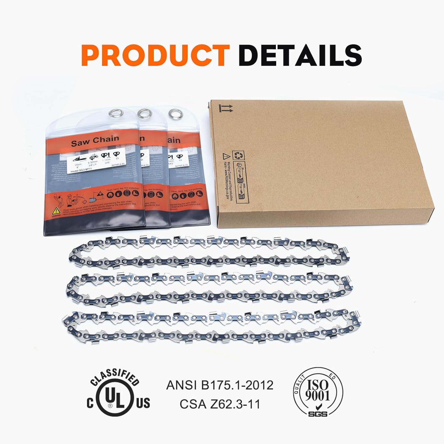 Hipa 3 PACK 8 Inch Chainsaw Chain 3/8" LP Pitch .043" Gauge 33 Drive Links Compatible with Ryobi P4360 RY43160 P4361 Wo-rx WG349 WG349.9 Oregon R33