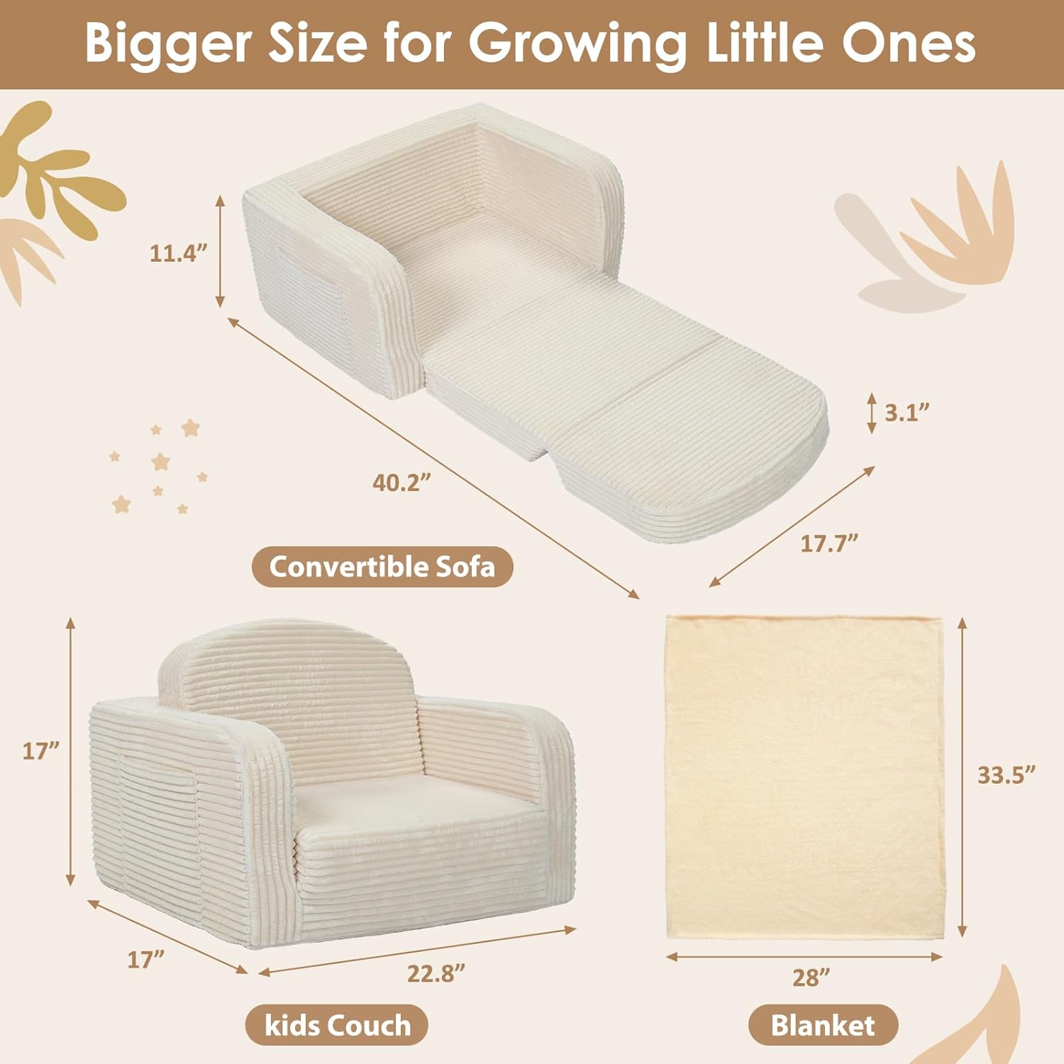 Foryoomi 2 in 1 Convertible Kids Couch - Corduroy Fold Out Kids Sofa Chair with Blanket, Comfy Comfortable Toddler Chair, Machine-Washable Cover, for Boys Girls, Medium Cream
