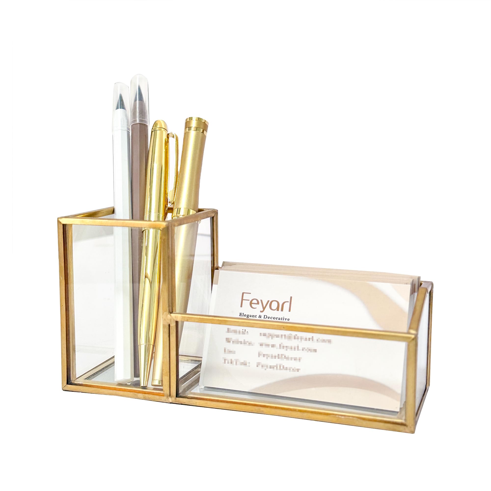 Feyarl Gold Glass Business Card Holder Pen Pencil Holder Clear Desktop Business Name Card Display Stand Organizer Case for Office Desktop Meeting Salons Countertop 2 Slots