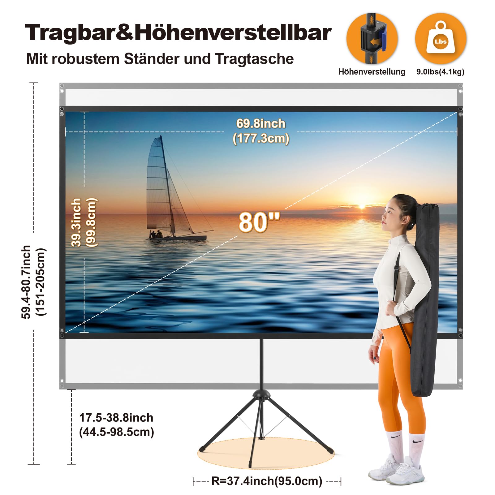 Beamer Leinwand Outdoor mit Stativ, 80 Zoll (16:9), Tragbare Beamer Leinwand, Windresistentes Design für Projektionsleinwand, inkl. Heringen & Seilen, Hohe Gainzahl, 4K Bild für Heimkino und Camping.