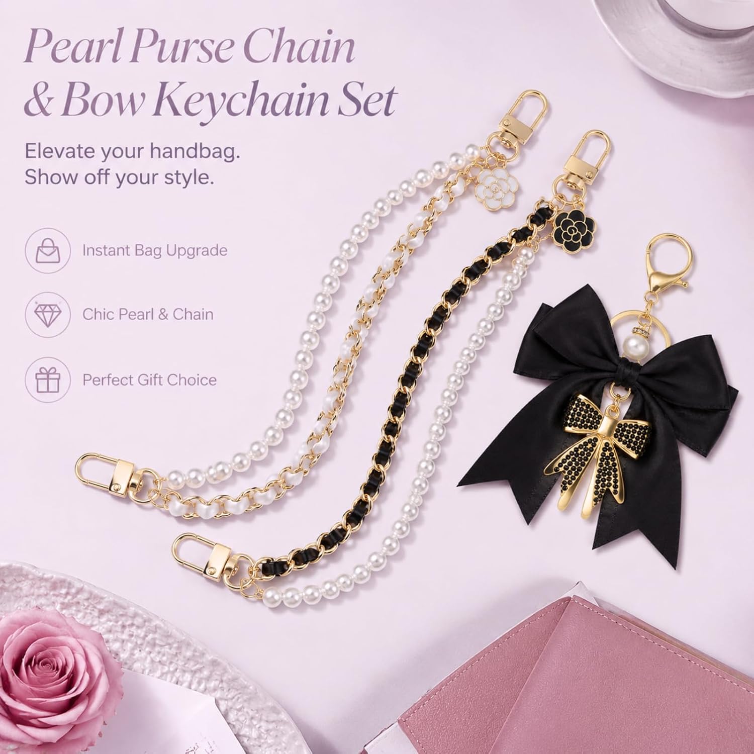 SANFUHOM 3 Pcs Purse Charms for Handbags, Pearl Purse Chain Strap Extender, Bag Charms with Black Rhinestone Bow, Black White Handbag Accessories