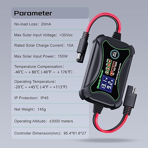 Miniatura 5 de Controlador de carga solar MPPT de 10 A y conector SAE a solar, regulador solar inteligente de 10 amperios y 12 voltios con cable solar