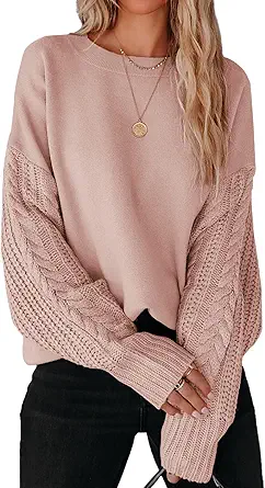 ZESICA Women's 2023 Fall Long Sleeve Crew Neck Solid Color Cable Knit Chunky Casual Oversized Pullover Sweater Tops