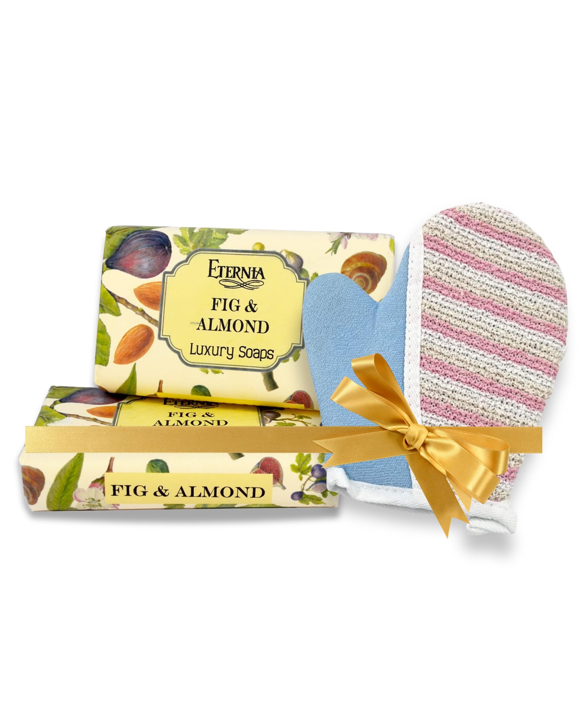 Fig & Almond Luxury Face & Body Cleanser Natural Soap Bar with Exfoliating Body Scrub Gloves | Nourishing & Moisturizing Bath Combo for Soft, Smooth Skin