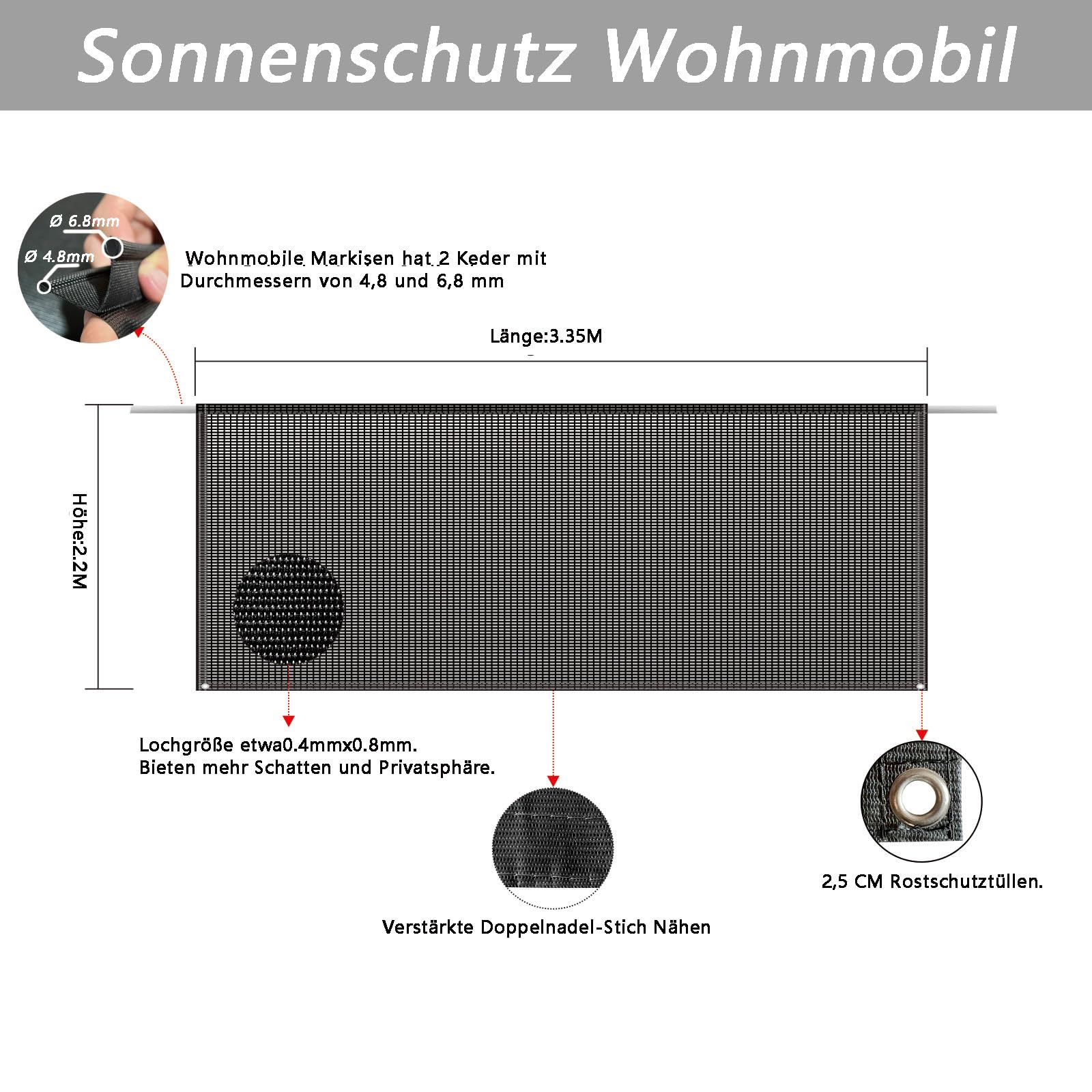 Sonnenschutz für Wohnmobile Markisen Keder Ø4.8mm 6.8mm Vorderwände Set 2.2Mx3.35M