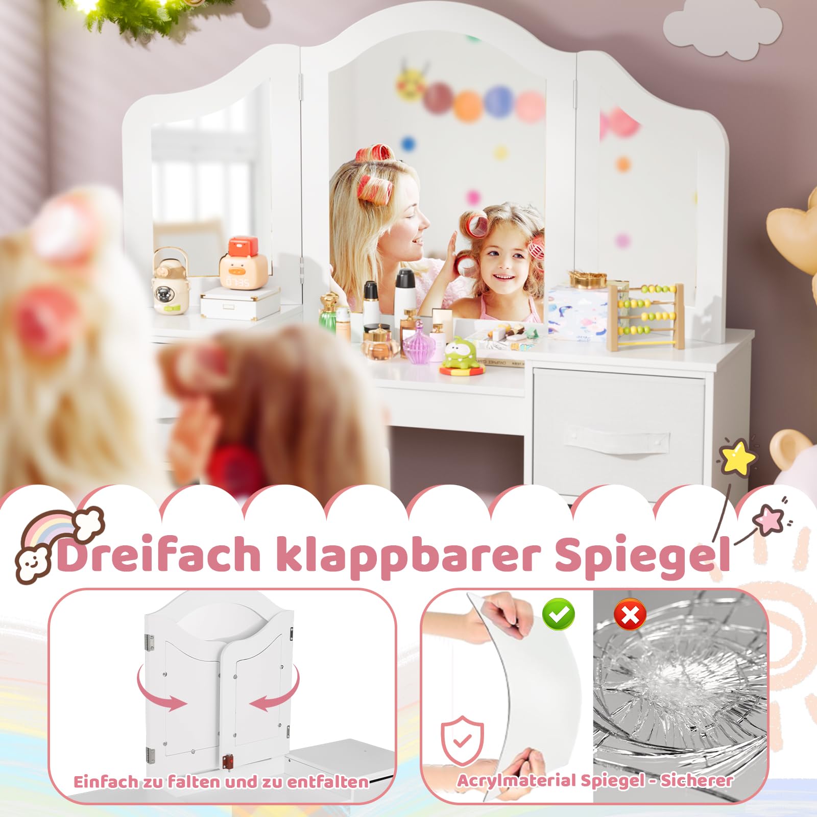 MAMIZO Tocador Infantil 2 en 1 con Espejo Extraíble, Tocador Madera Niña, Escritorio para Niños con Taburete, 2PCS Cajón de Tela, Tocadores Maquillaje Infantil 108x30x114 cm, Blanco