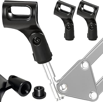 Universal Microphone Clip Holder 2 Pack, Adjustable Mic Clip Holder for Mic Stand Suitable for Handheld Microphones, Come with 5/8" Male to 3/8" Female Screw Adapter, Easy to Use Black