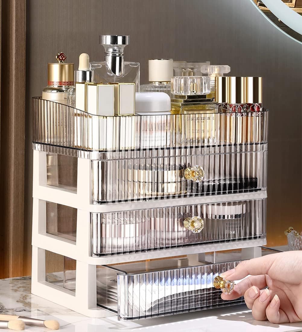 No band Makeup Organizer Cosmetic Storage Organizer for bathroom Vanity Countertop,Cosmetic Display Box Case with Drawers and Cover Waterproof Dust-proof (pink1)