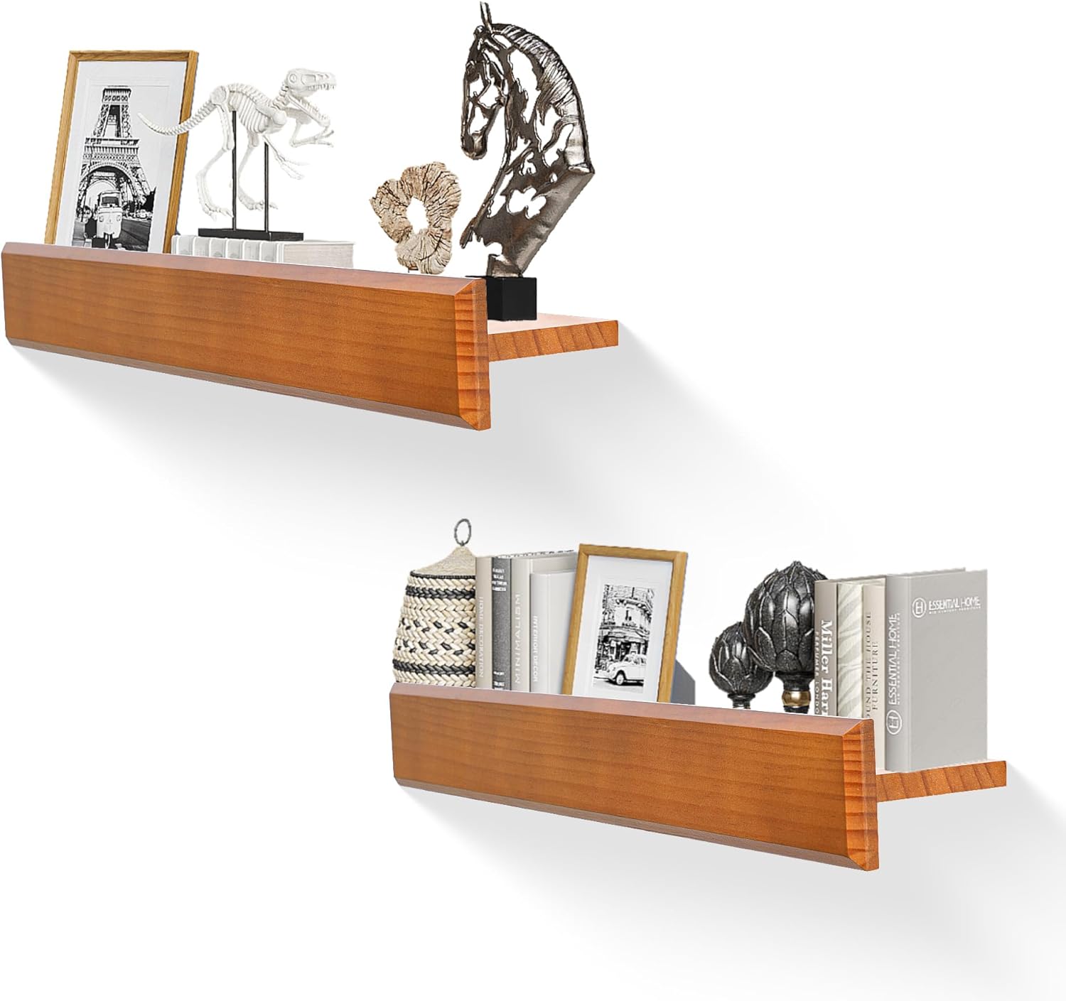 24 Inch Picture Ledge Shelf with Lip,Floating Shelves for Wall, Set of 2 Solid Pine Wood Shelves with Invisible Brackets, Wall Storage for Living Room, Bedroom, Kitchen, Bathroom(Dark Brown)