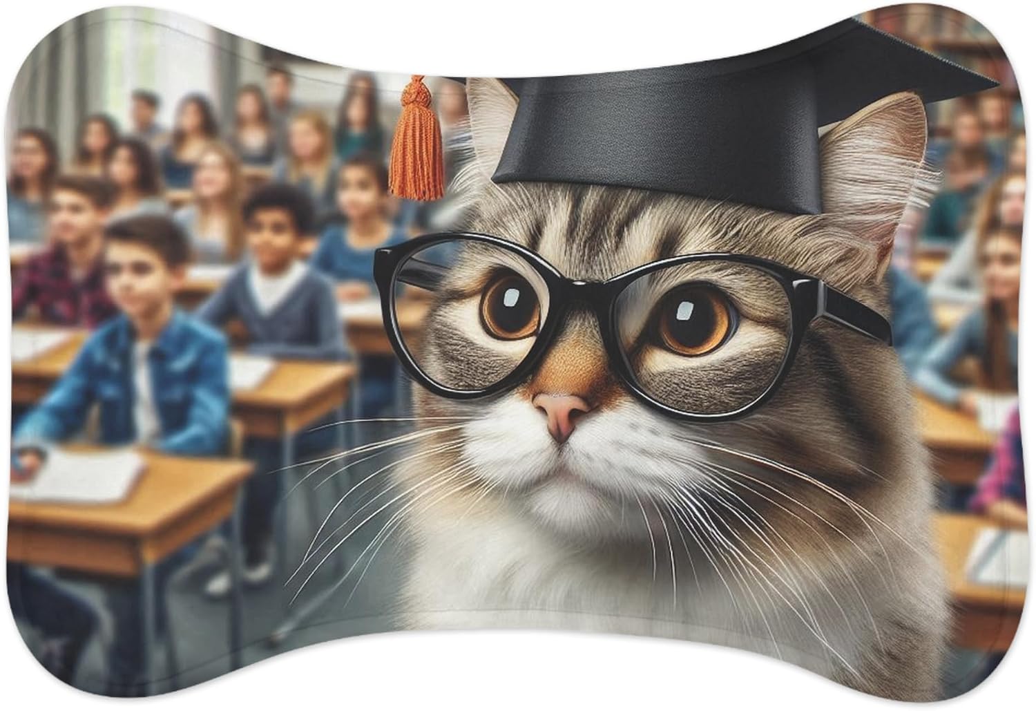 Realistic Teacher Cat Vibrant Colors Anti-Slip Pet Feeding Mat with Memory Foam Core