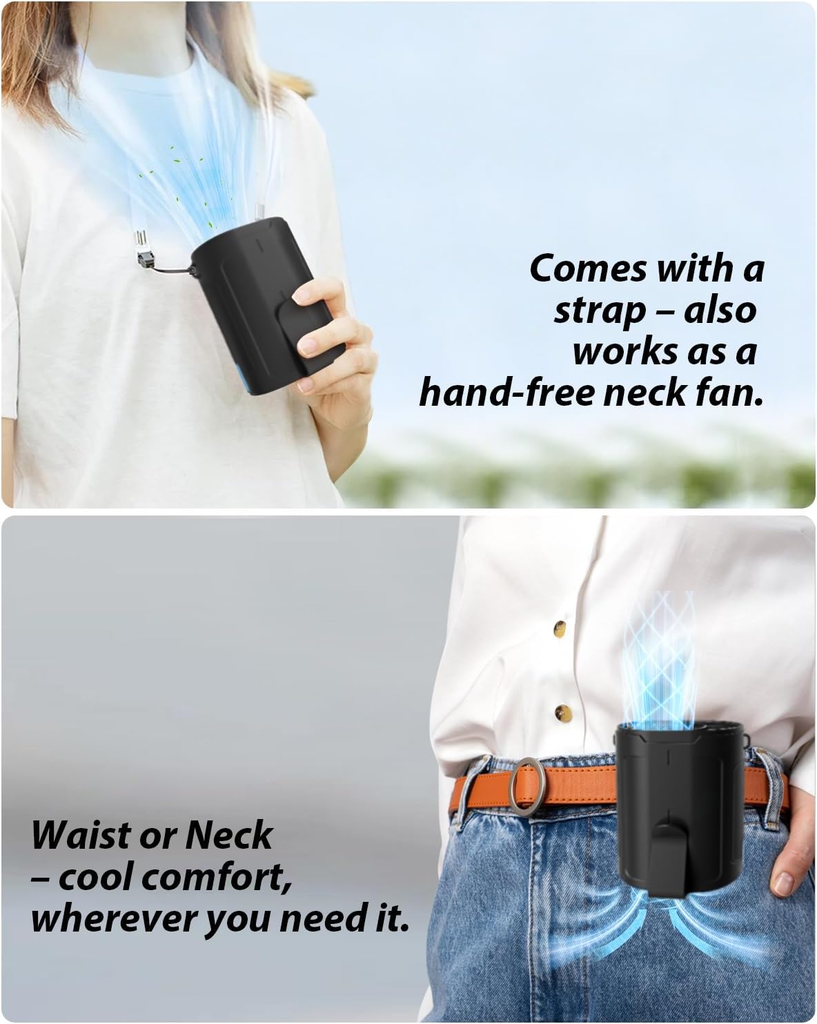 BARITO Portable Waist Fan, Wearable Shirt Fan Rechargeable with 25H Battery Life, 6600RPM Strong Wind, 4-in-1 Hands-Free Cool Clip Fan Under Shirt Quiet & Portable – For Work, Travel, Outdoors - Black
