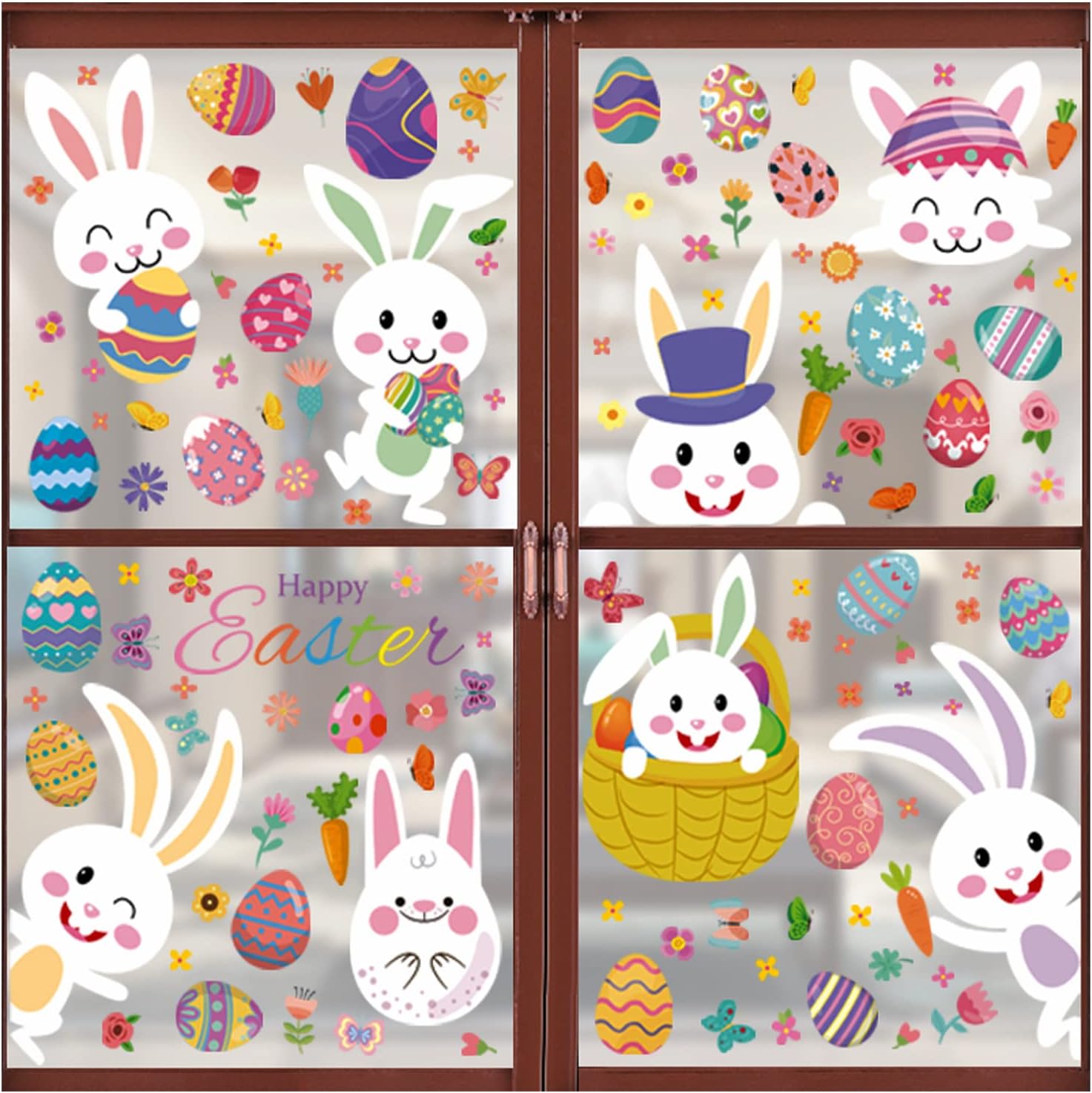 AUPOWEREaster Window Stickers, 9 Sheets Easter Bunny Window Cling for Party Decorations
