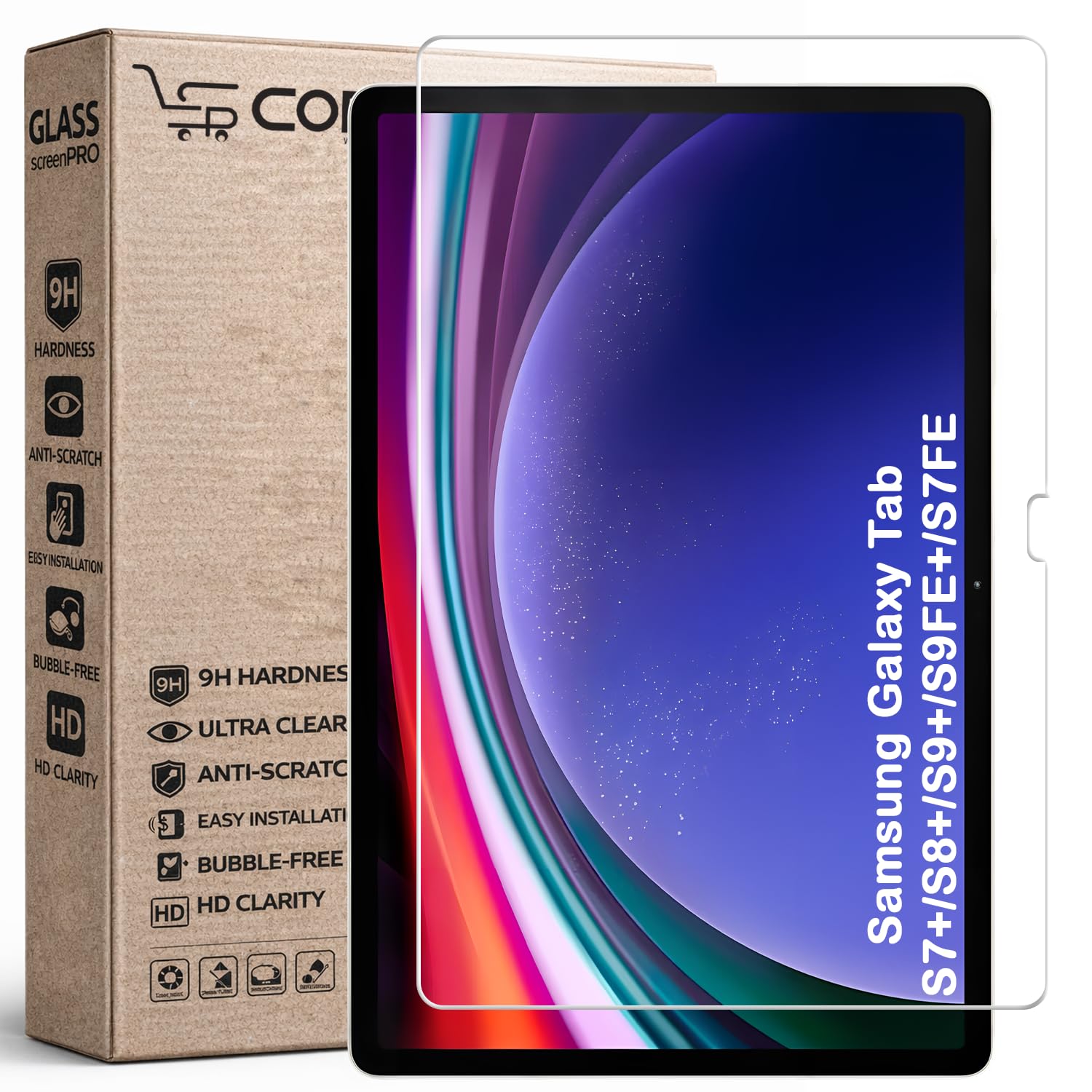 SPCORE Tempered Glass Screen Protector for Samsung Galaxy Tab S7 FE / S8+ / S9+ / S9 FE+ 12.4” – 9H Hardness, HD Clear – 1 Pack