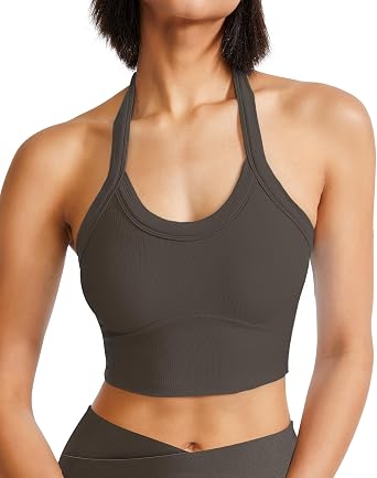 Halter Sports Bra Longline Open Back Workout Top Ribbed Crop Tank Tops with Built in Bra Gym Yoga Push Up