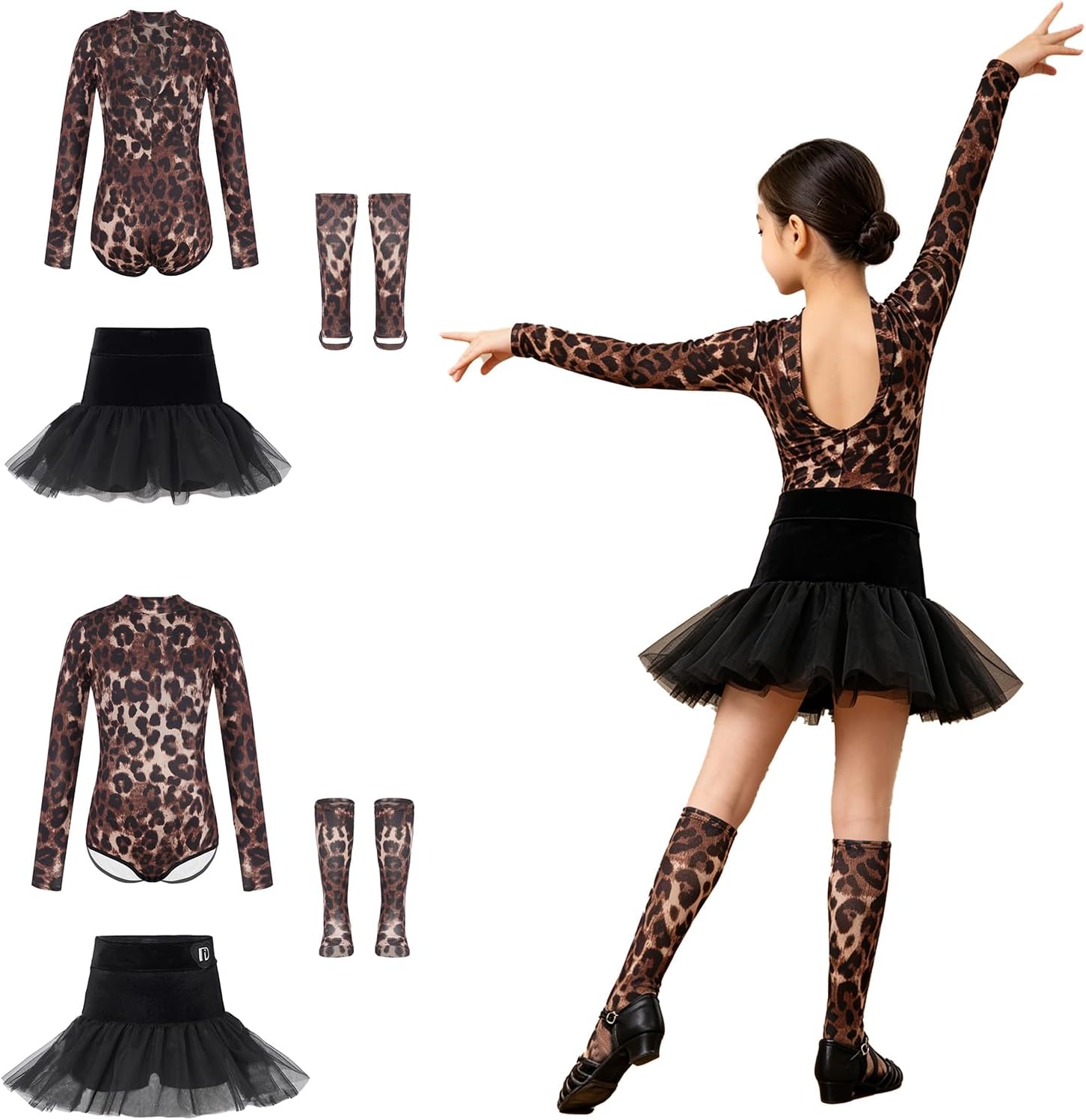 Kids Leopard Long Sleeve Dance Gymnastics Competition Bodysuit with Skirt And Socks for Hip-hop