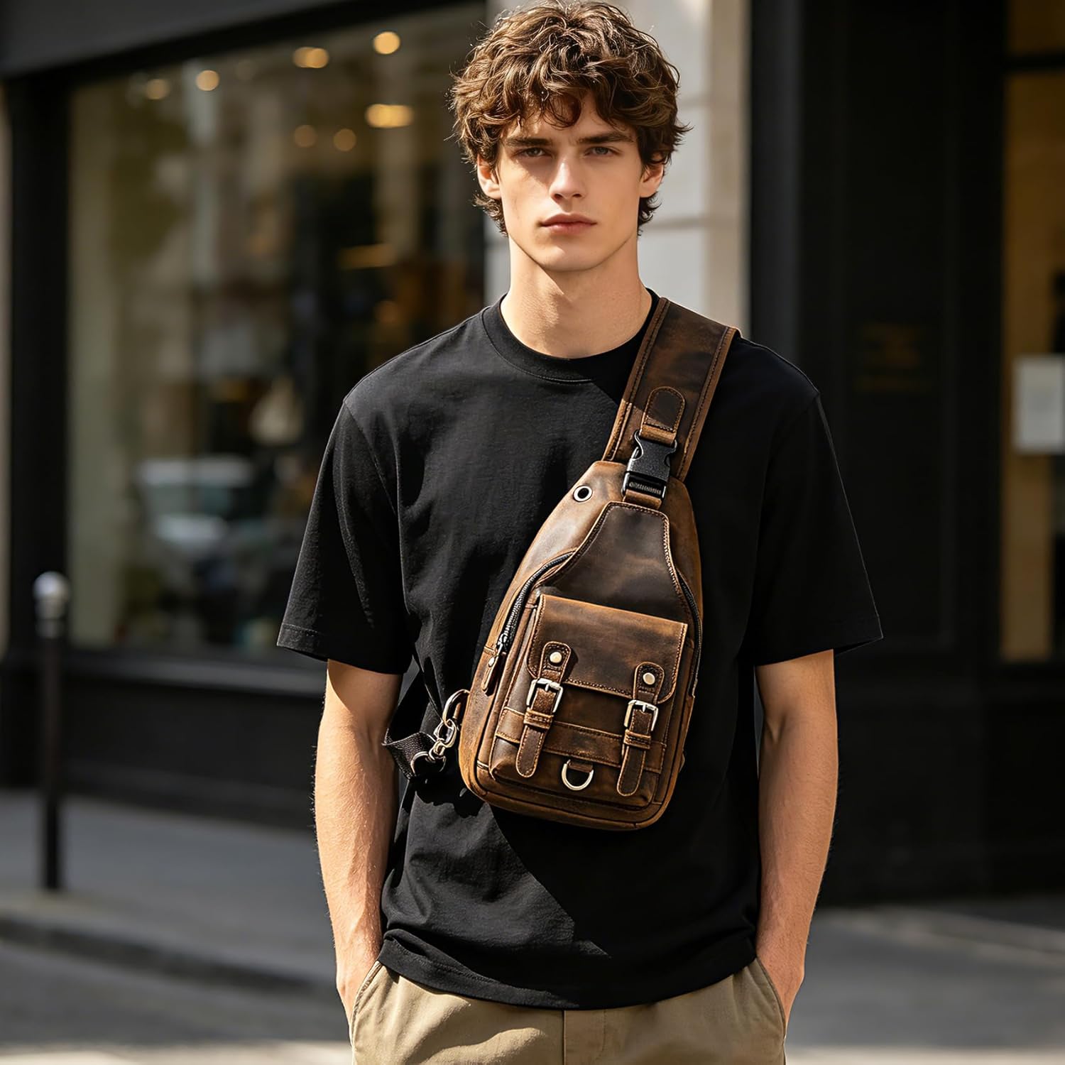 Genuine Leather Hiking Travel DayPack Sling Crossbody Triangle Chest Pack Bag For Men Women 8241 (Brown 258204)