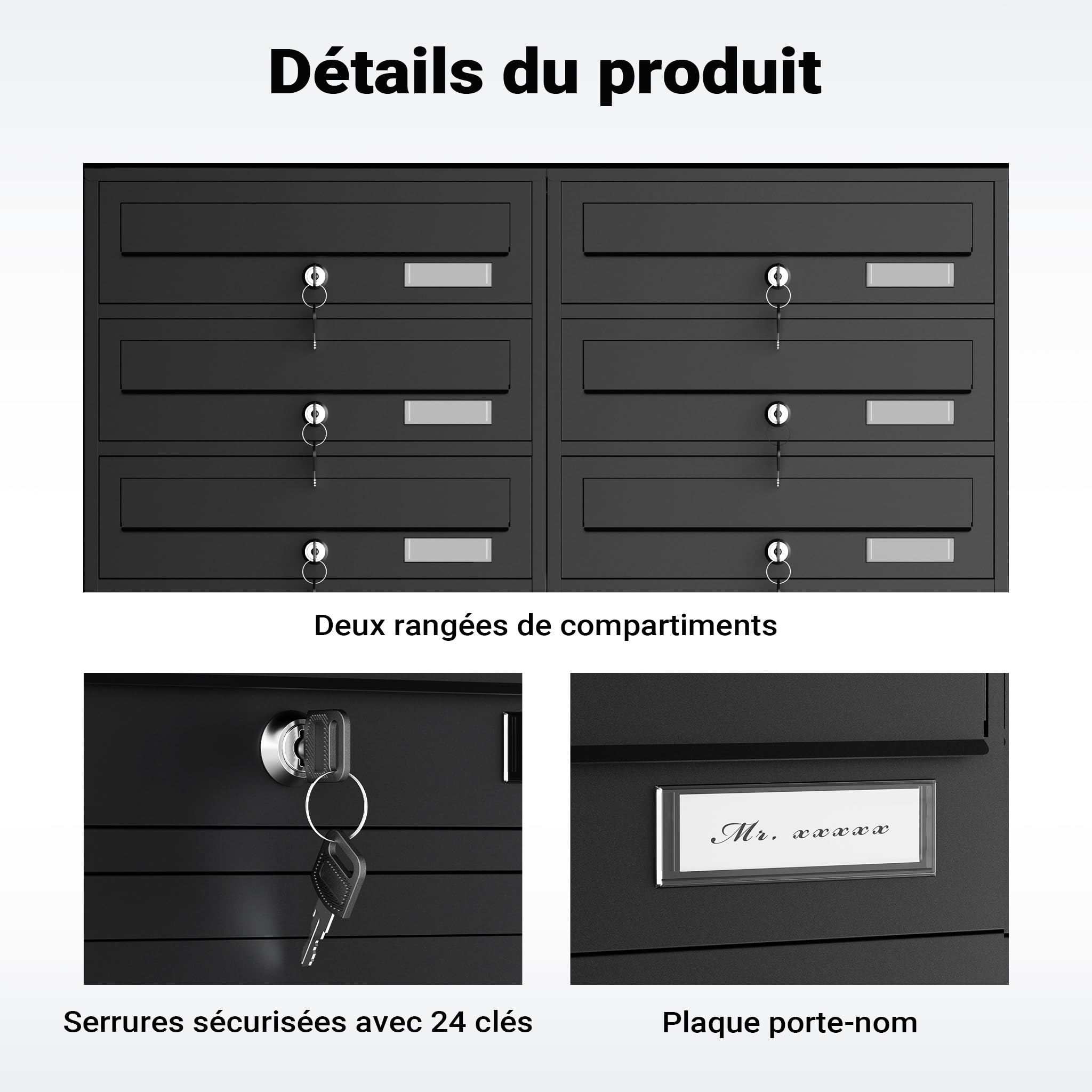 Wiltec Boîte aux Lettres sur Pieds Noire 945 x 270 x 1500 mm, avec 12 Compartiments verrouillables 2x6 et Porte-nom, Revêtement en Poudre, pour Courrier