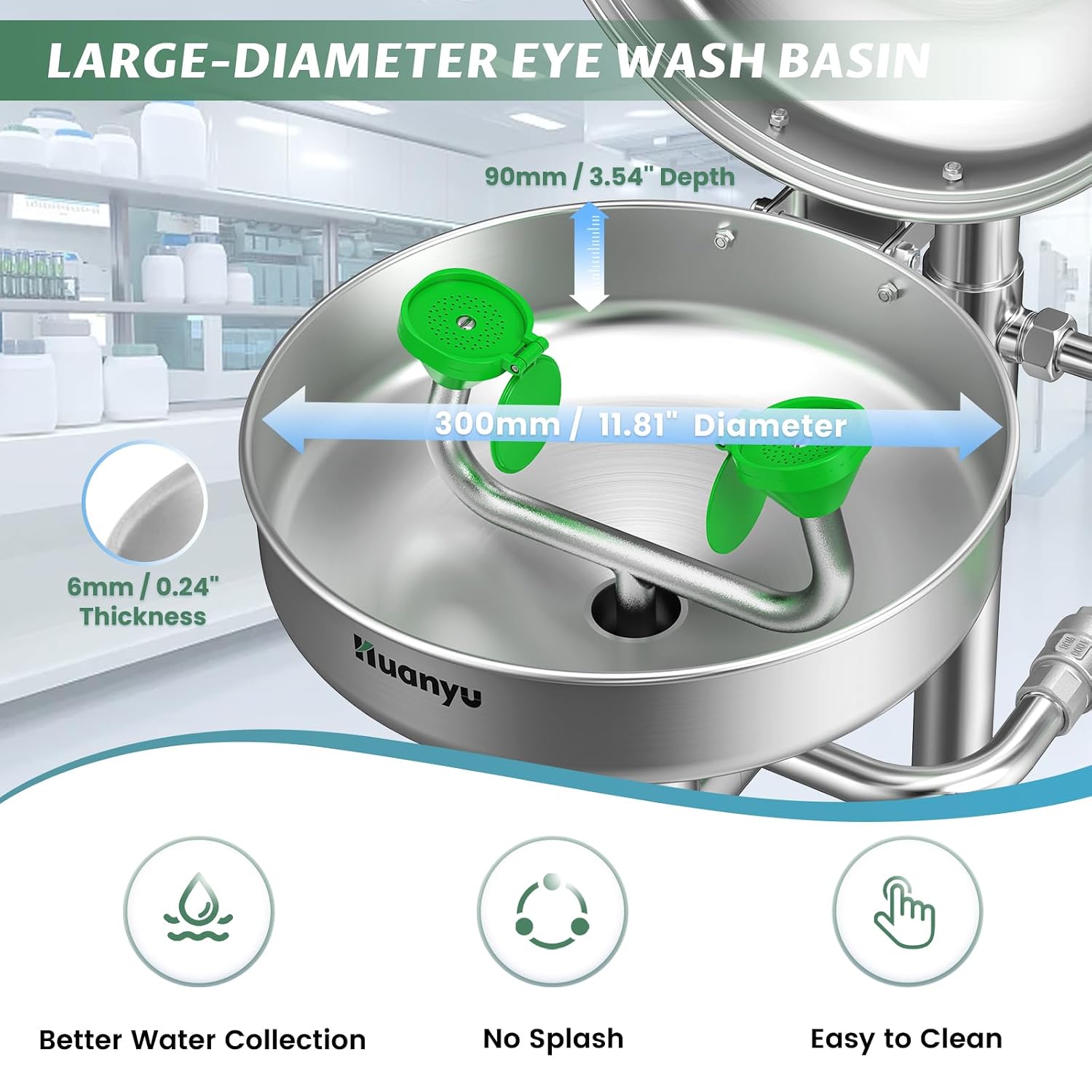 Huanyu Emergency Shower and Eyewash Station Safety Shower Eye Wash Station 304 Stainless Steel Commercial Eye Wash Kit Widened Deepened 300mm Basin with Emergency Sign Hospital Factory (1107F)