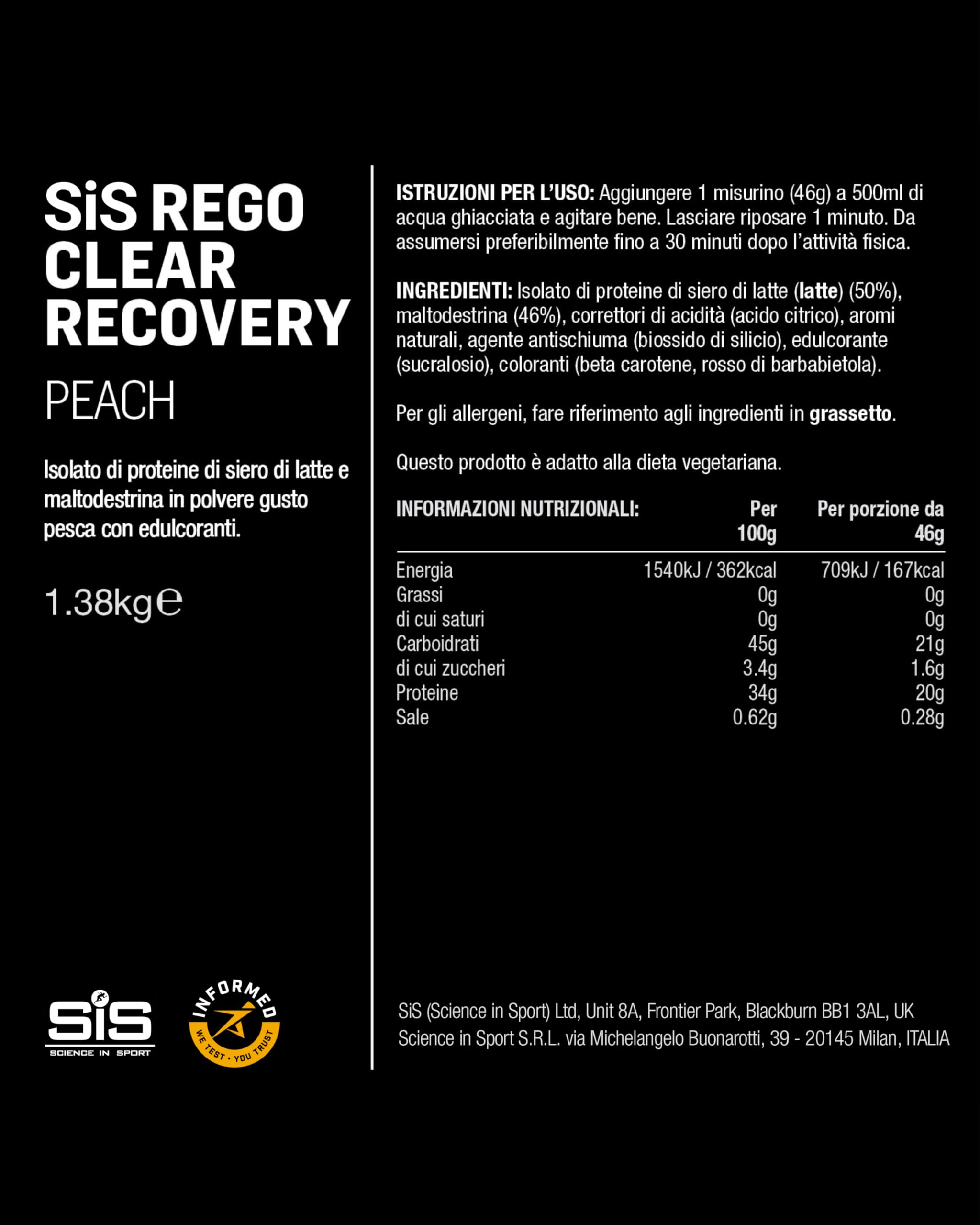 Science in Sport Rego Polvere Clear Isolate 1,38kg Pesca - Polvere per Bevande di Recupero con Carboidrati, Proteine e Vitamine, Supporta un allenamento efficace