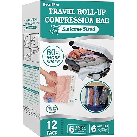 12-Pack Travel Roll Up Compression Bags [for packing & clothes storage]