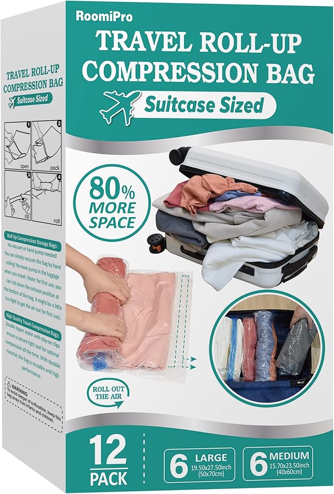 12 Compression Bags for Travel, Roll Up Space Saver Bags